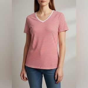 Women’s Croft&Barrow Red&White Stripe V-Neck Classic Short Sleeve Tee. Size XXL